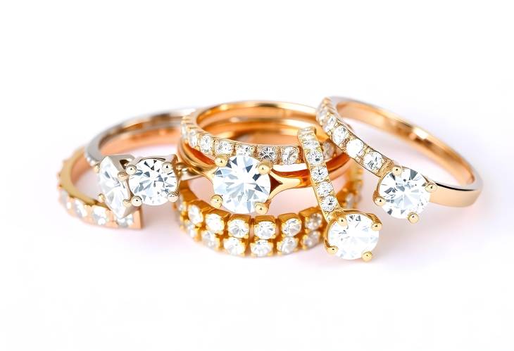 Stunning CloseUp of Diamond Stacked Rings in Gold Tones